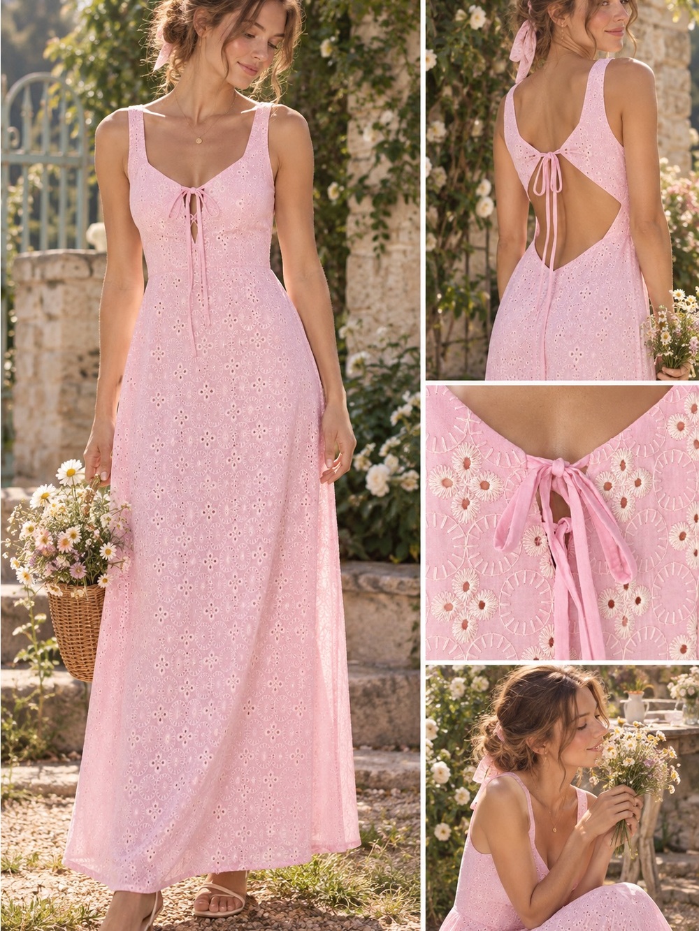 Adeirlina Pink Eyelet Embroidered Open Back Maxi Dress XS NWT